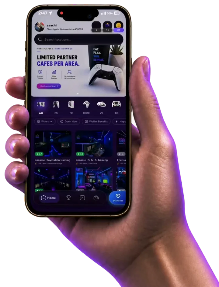 Console Gaming app in hand, browsing and booking a gaming cafe